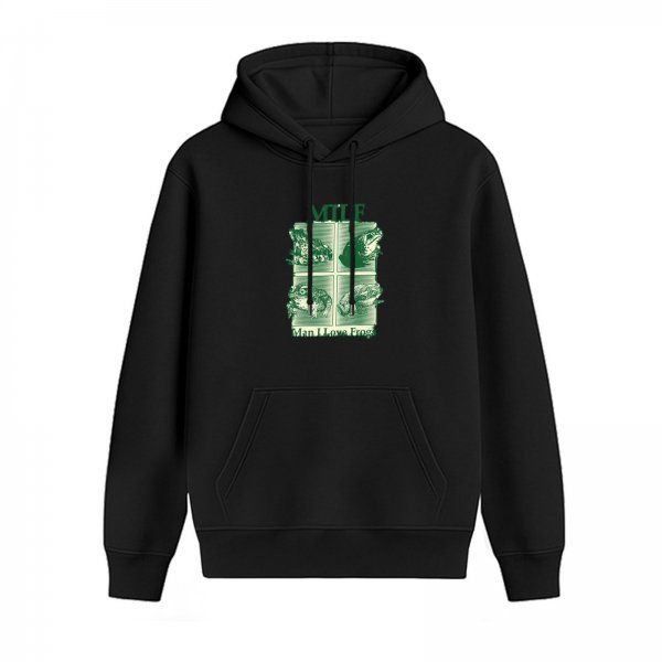 Black hoodie with frog graphic and 'Man I Love Frogs' text print