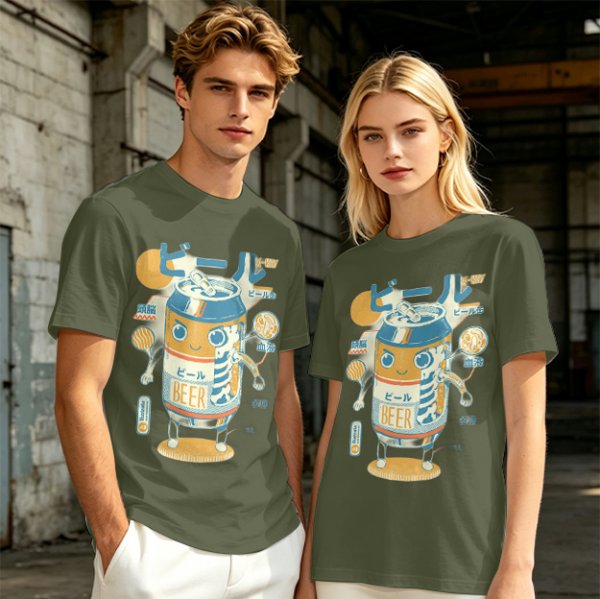 Olive T-Shirt With Kawaii Beer Can Robot Graphic