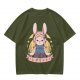 Olive T-shirt with Cute Rabbit Character and Japanese Text Print