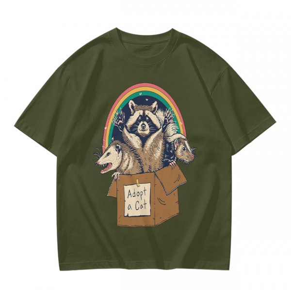 Olive T-Shirt With Raccoon Opossum Adopt A Cat Rainbow Print
