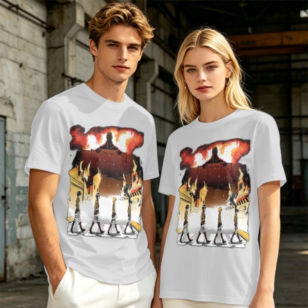 Olive T-Shirt With Anime Characters Crossing Burning Street Print
