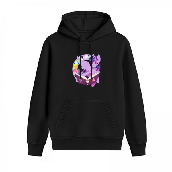 Black hoodie with purple unicorn reading magical book graphic