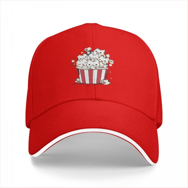 Black baseball cap with cute cat popcorn bucket graphic