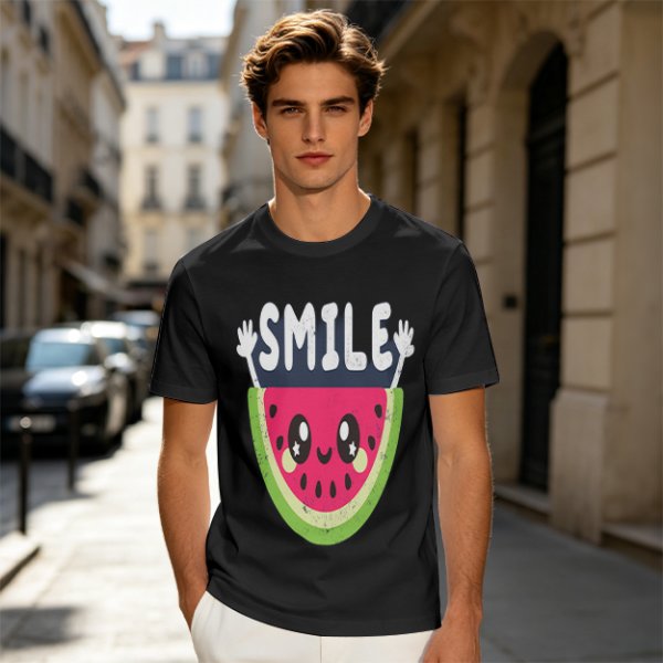 Olive T-Shirt With Cute Watermelon Graphic And Smile Text