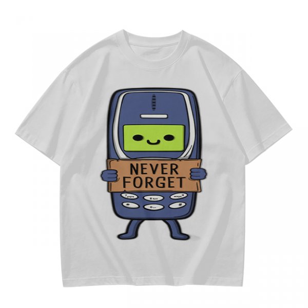 Olive T-Shirt Featuring a Retro Mobile Phone Holding a Never Forget Sign