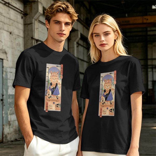 Olive T-Shirt with Japanese Style Sushi Chef Cat Print
