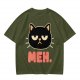 Olive T-Shirt With Grumpy Black Cat Meh Graphic Print
