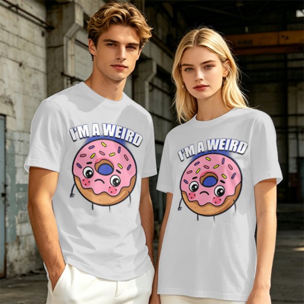 Olive green t-shirt with sad donut graphic and 'I'M A WEIRD' text