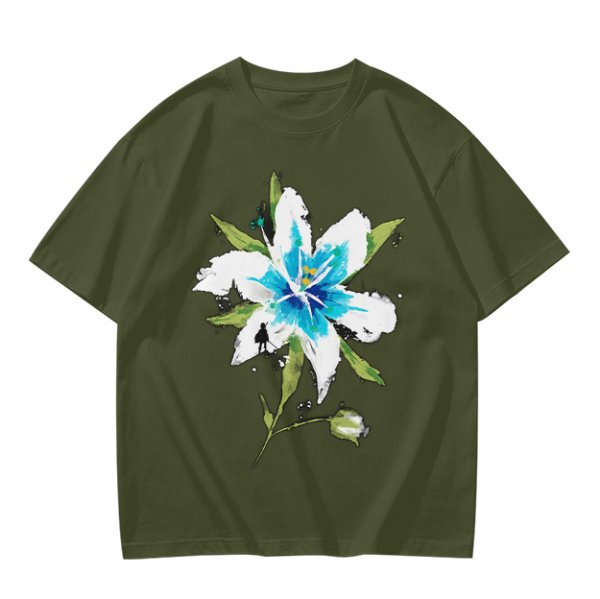 Olive Green T-Shirt with Watercolor Blue Lily Flower Print