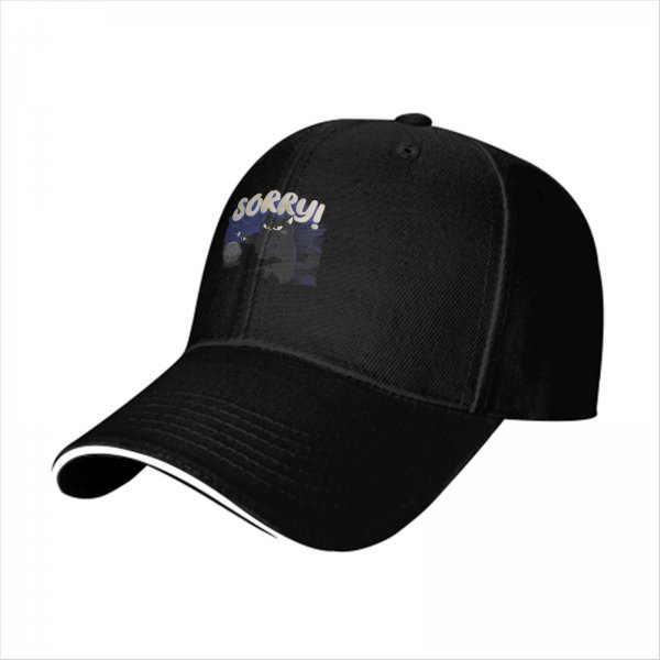 Black baseball cap with angry black cat graphic and 'SORRY!' text