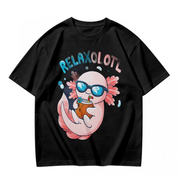 Olive t-shirt with a relaxed axolotl wearing sunglasses holding a drink