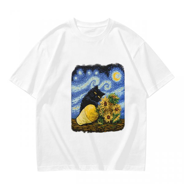 Olive T-Shirt with Starry Night Cat and Sunflowers Art Print
