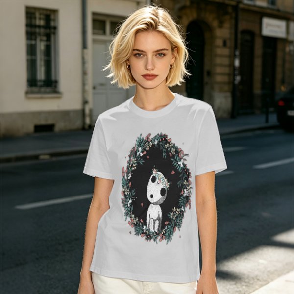 Olive T-Shirt with Kodama Forest Spirit Floral Wreath Print
