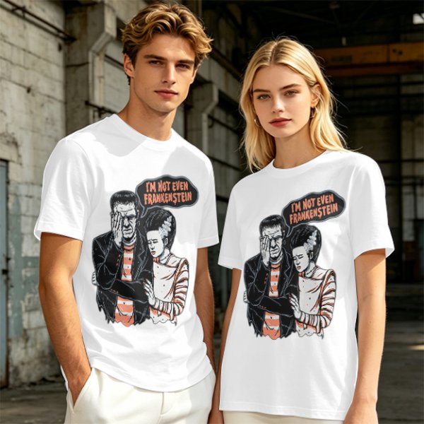 Olive T-shirt with Frankenstein and Bride 'I'm Not Even Frankenstein' Print