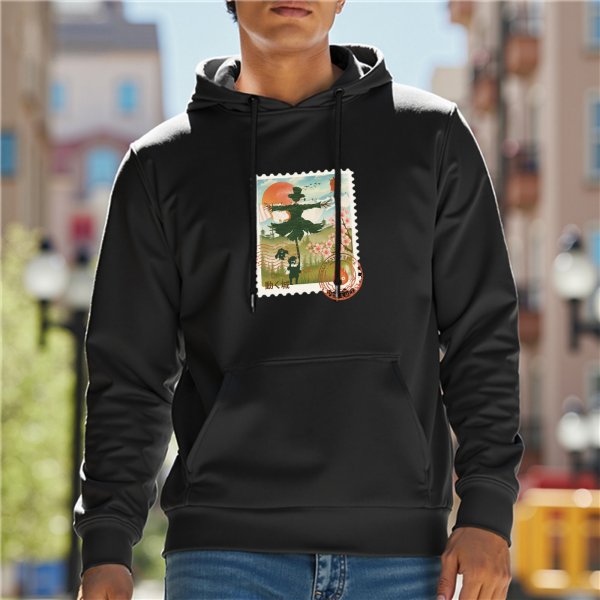Black hoodie with whimsical stamp-style fantasy artwork print