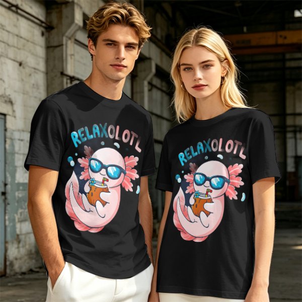 Olive t-shirt with a relaxed axolotl wearing sunglasses holding a drink