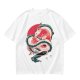 Olive T-shirt with stylized white dragon and red circular graphic print