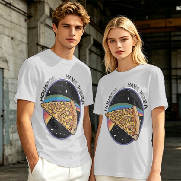 Olive t-shirt with space pizza graphic and Houston have pizza text