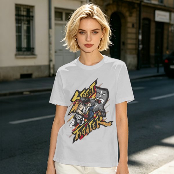 Olive Street Fighter Graphic T-Shirt with Fighting Character Art