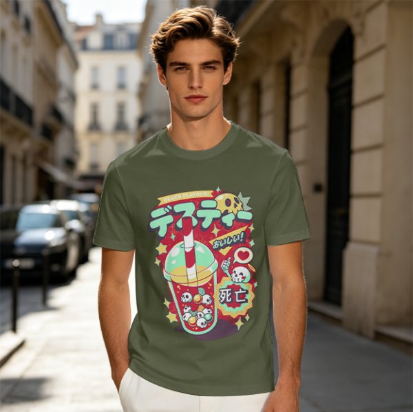 Olive t-shirt with spooky skull bubble tea graphic and Japanese text