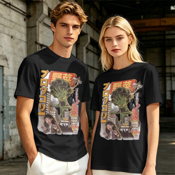 Olive T-shirt with Giant Broccoli Monster Attacking City Art
