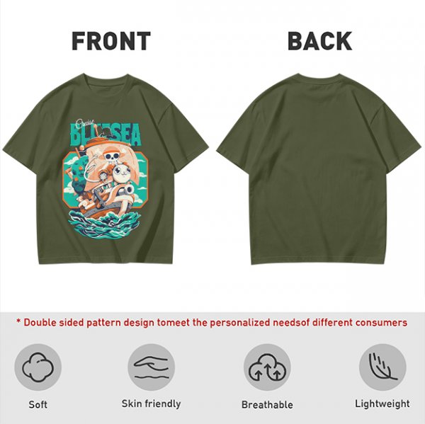 Olive T-Shirt with Cartoon Pirate Ship Blue Sea Cruise Print