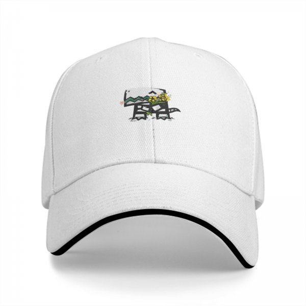Black baseball cap with cute mushroom and yellow flowers graphic