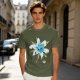 Olive Green T-Shirt with Watercolor Blue Lily Flower Print