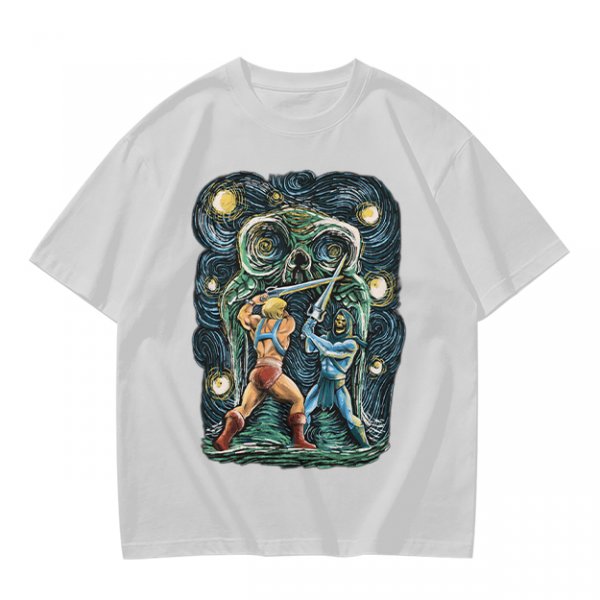 Olive T-shirt with Starry Night Style He-Man vs Skeletor Art