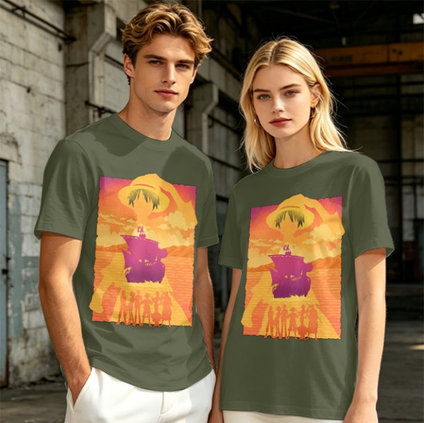One Piece Straw Hat Crew Sunset Pirate Ship Graphic T-Shirt