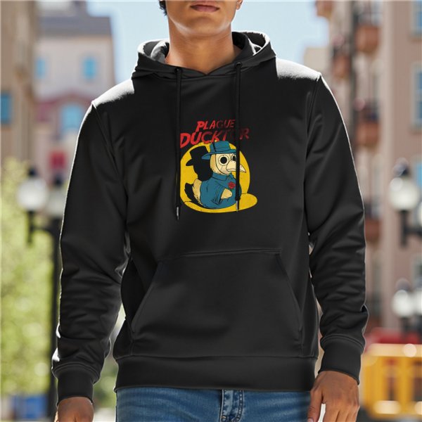 Black hoodie with Plague Ducktor graphic print