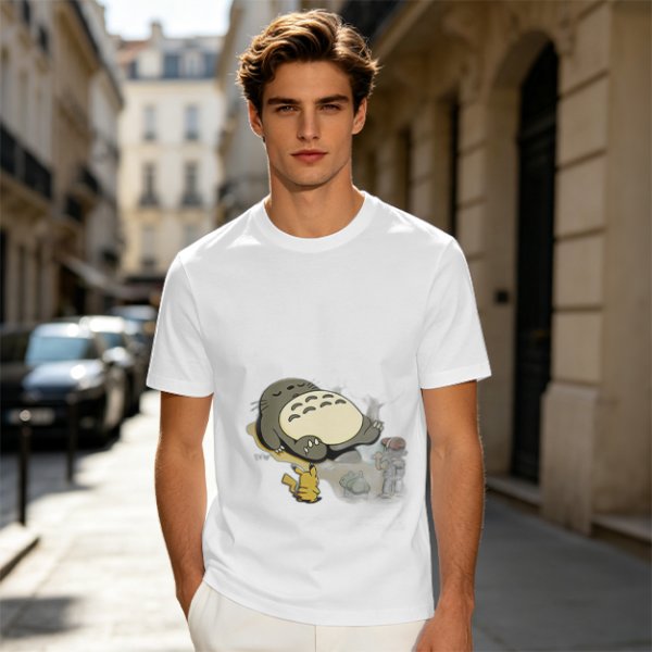 Olive T-shirt with Sleeping Totoro and Crossover Anime Characters Print