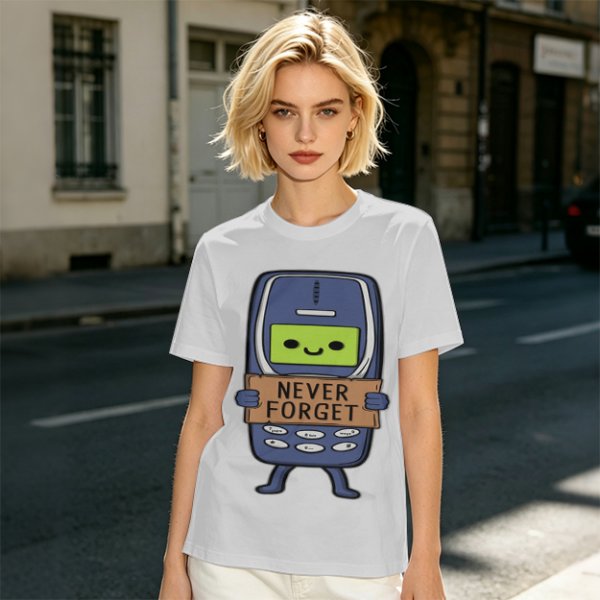 Olive T-Shirt Featuring a Retro Mobile Phone Holding a Never Forget Sign