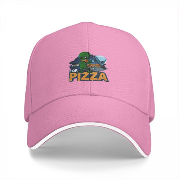 Black baseball cap with alien eating pizza and 'FOR PIZZA' text