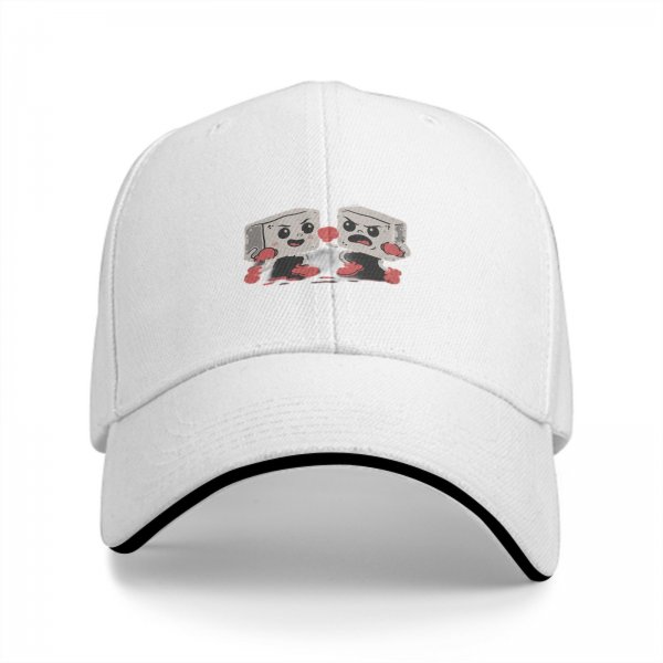 Black baseball cap with cartoon fighting tofu characters graphic