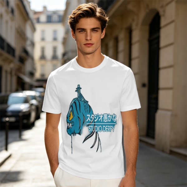 Olive Graphic T-Shirt with Blue Tiger and Studio Derpy Text