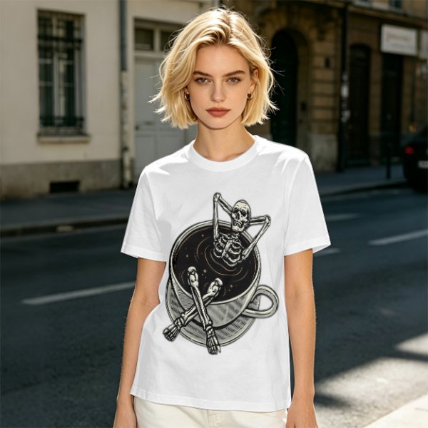 Olive T-shirt with skeleton relaxing in coffee cup graphic