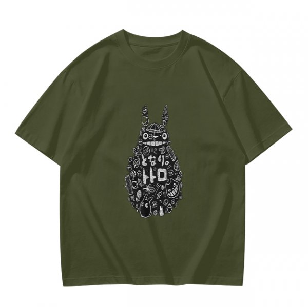 Olive T-shirt with Totoro Doodle Art Print