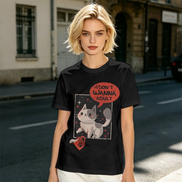 Olive cat graphic t-shirt with 'I don't wanna adult' print