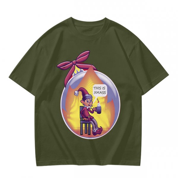 Olive Christmas Elf Ornament T-Shirt with 'This is Xmass' Print