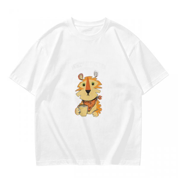 Olive Green T-Shirt with Cute Tiger Holding Coffee Mug Print