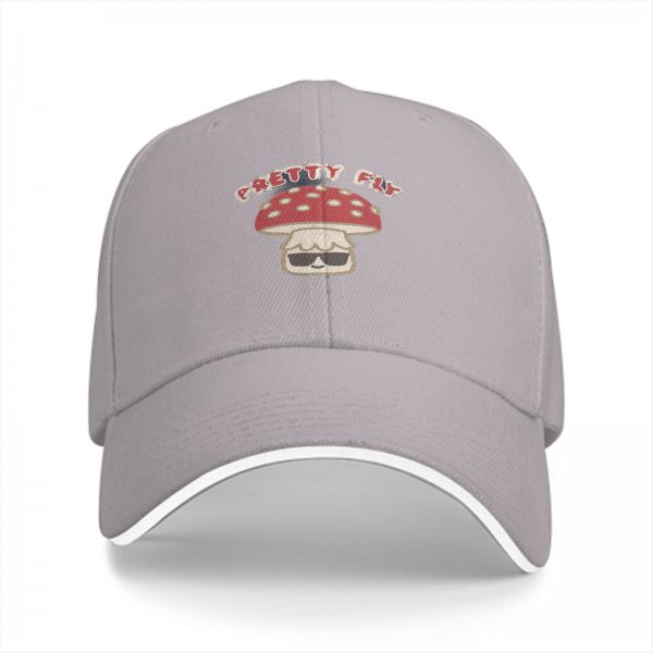 Black baseball cap with pretty fly mushroom graphic and sunglasses