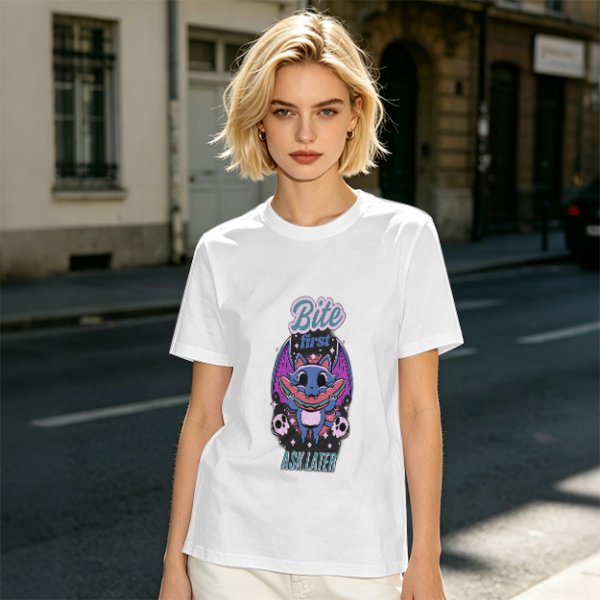 Olive graphic t-shirt with bat cat holding watermelon and 'Bite First Ask Later' text