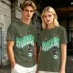 Olive green graphic t-shirt with 'Scandalacious' print and witch hat design