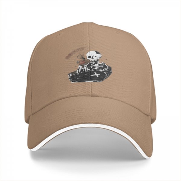 Black baseball cap with skeleton in coffin graphic