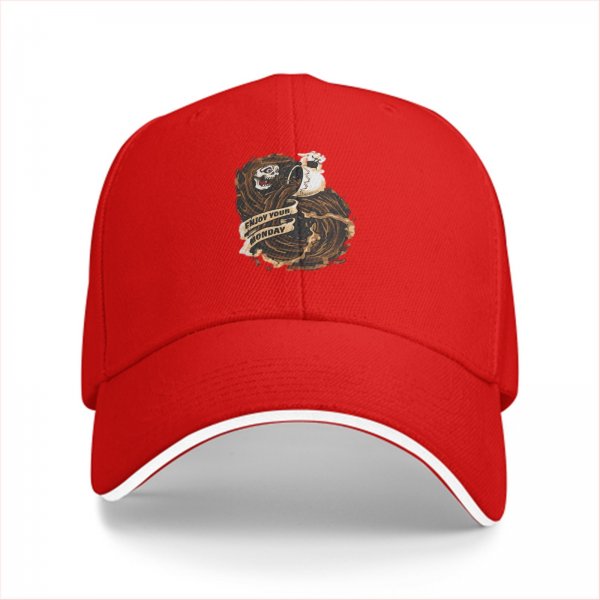 Black baseball cap with 'Enjoy Your Monday' grim reaper coffee graphic