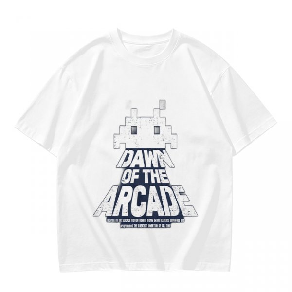 Olive T-Shirt with Retro Arcade Space Invader Graphic and Dawn of the Arcade Text
