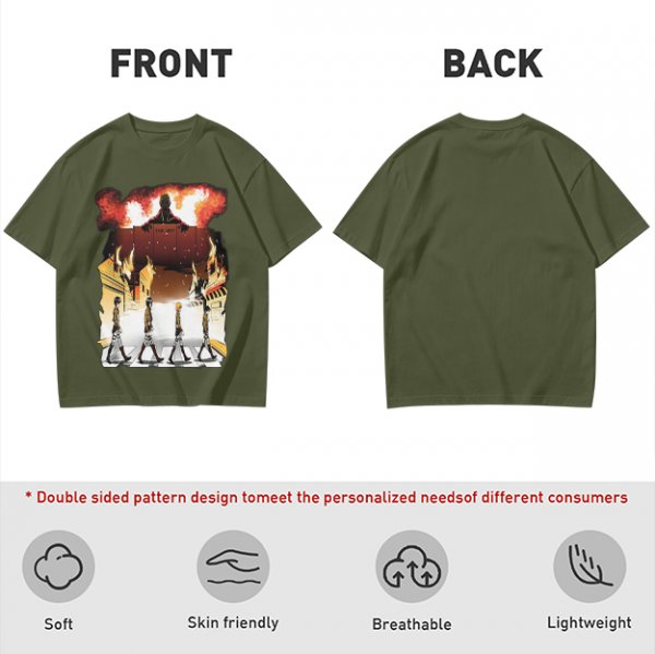 Olive T-Shirt With Anime Characters Crossing Burning Street Print
