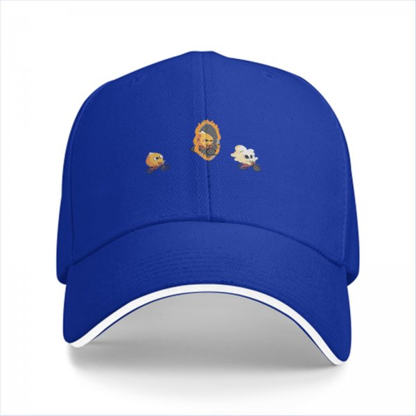 Black baseball cap with cartoon flame and character bike designs