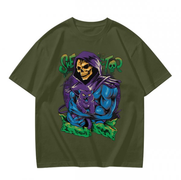 Olive T-shirt with Skeletor Holding Panthor Graphic Print